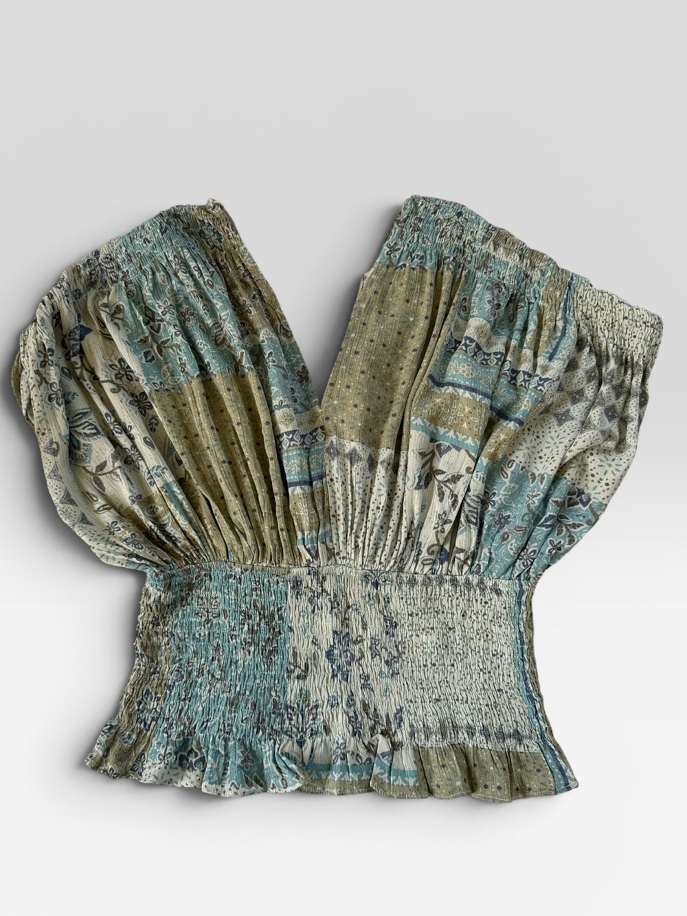 Promesa Boho Patchwork Top in Sage and Blue